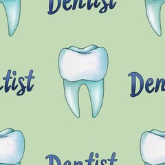 Seamless Pattern Mint Tooth and Text Dentist Big Design on Pastel Green Background