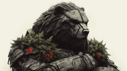 Fototapeta premium A majestic stone bear statue, adorned with greenery, evokes a sense of quiet strength and ancient wisdom.