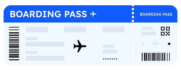 Boarding pass vector illustration. Two air plane tickets template. Airline flight pass concept. Blue departure document. Blue airplane tickets design. Blank boarding pass template isolated.