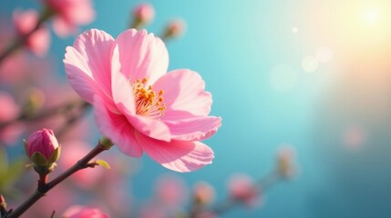 Obraz premium Delicate Pink Blossom in Soft Sunlight, a Close-Up View of Nature's Beauty, Showcasing the Intricate Petals and Vibrant Hues