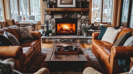 Warm rustic living room with a mix of leather and fabric sofas, wooden end tables, and a stone fireplace as the centerpiece
