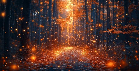 Whimsical Autumn Forest with Glowing Fireflies and Swirling Golden Leaves
