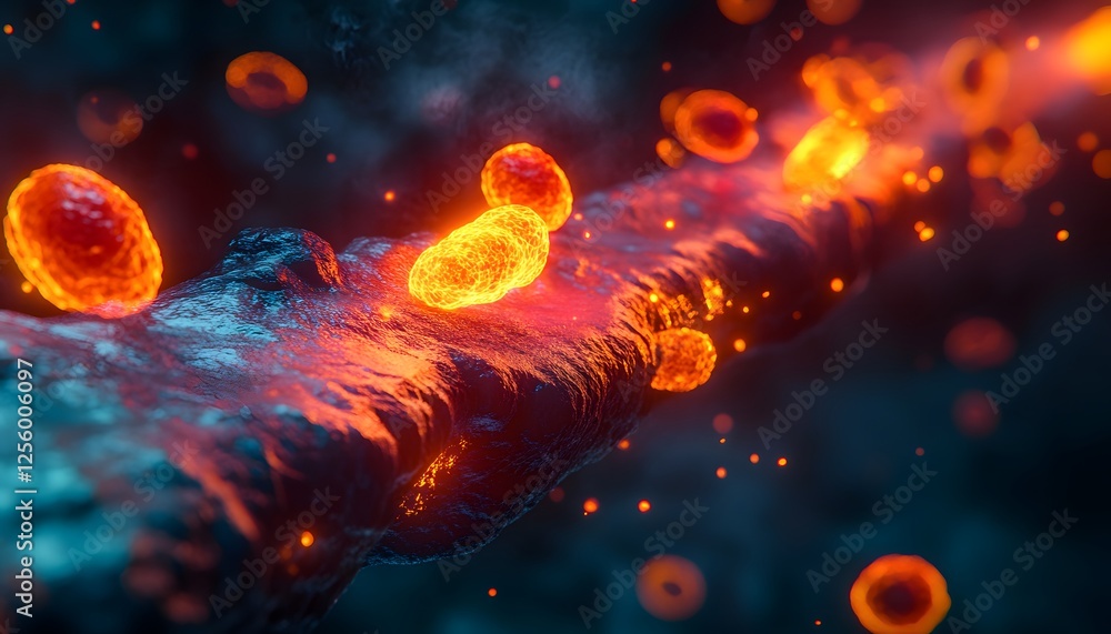 Poster Abstract representation of glowing cells in a dark microscopic environment