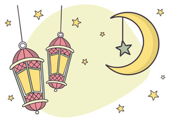 Glowing Ramadan Lanterns & Crescent Moon, Festive Islamic Vector Art Eid Arab Gold Star Night Muslim