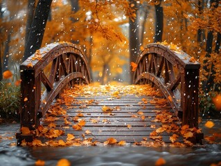 Rustic Wooden Bridge Over Autumn Forest Stream With Vibrant Falling Leaves