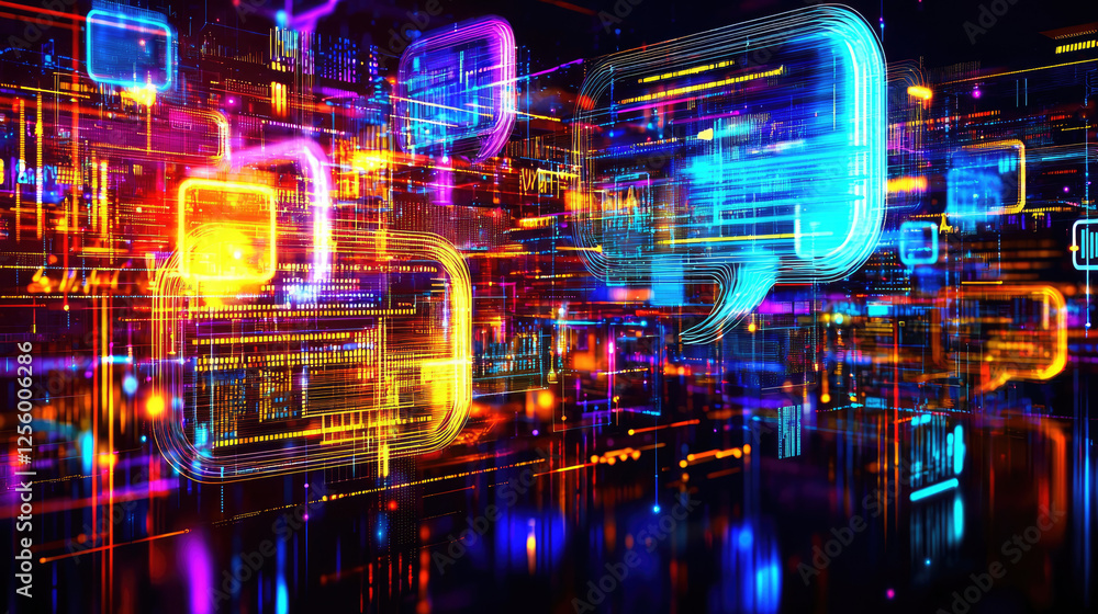 Poster vibrant digital communication abstract with colorful chat bubbles and glowing lines in a tech landsc