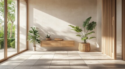 Zen entryway with a clean wooden console, simple plants, and smooth stone flooring, allowing for a calm transition into the home