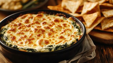 Creamy spinach dip baked to perfection, served with crispy tortilla chips for a delicious appetizer or snack.
