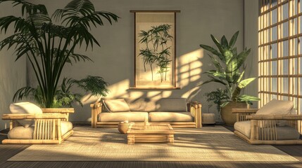 Zen living room with a neutral rug, bamboo furniture, large indoor plants, and a simple, uncluttered design to invite calmness
