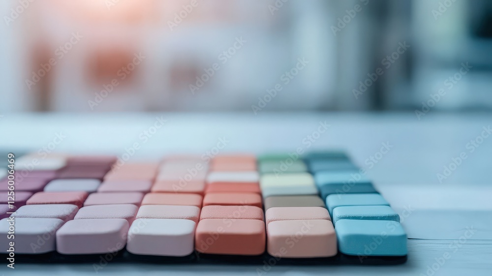 Poster marketing research survey audience concept. colorful keyboard keys arranged neatly on a surface.