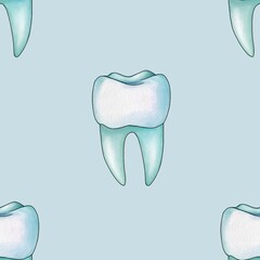 Seamless Pattern Mint Tooth Big Design on Pastel Blue Background