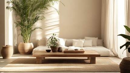 Zen living room with neutral tones, a low wooden coffee table, a tatami mat, and indoor plants creating a peaceful atmosphere