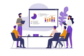 Obraz premium Team Presents Data Analysis, Showing Growth Charts and Pie Charts During a Productive Meeting, Collaboratively Working on Project Strategies, Improving Efficiency.