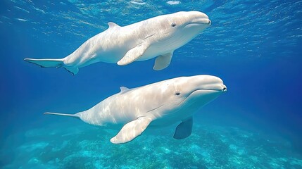 Two beluga whales swim in ocean coral