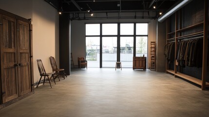 Obraz premium Modern shop interior, large window, city view, clothing display, polished floor