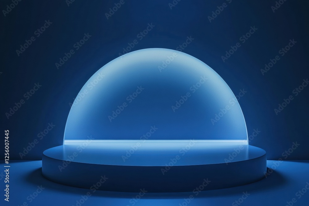 Poster Glowing blue dome sits on a round platform, creating a futuristic and minimalist atmosphere with a gradient of dark to light blue tones