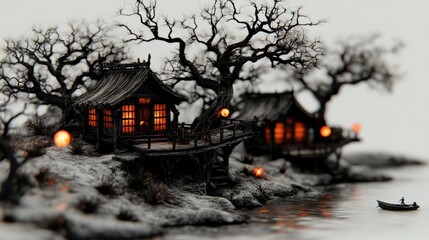 Enigmatic tree houses with warm lights glow in the twilight, casting a mystical ambiance.