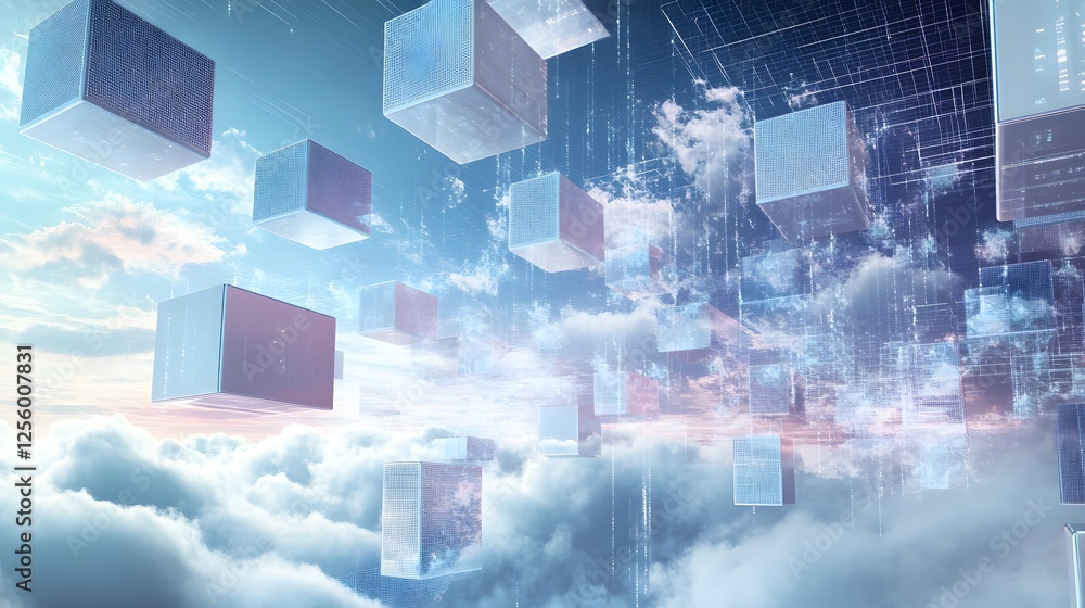 Poster floating transparent cubes over the clouds in digital matrix