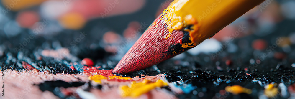 Poster close-up of paintbrush applying red and yellow paint to textured canvas