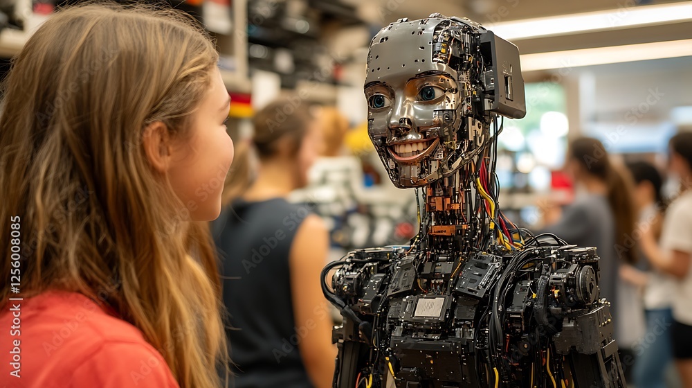 Aufkleber girl looking at a smiling robot with exposed wires and mechanics.