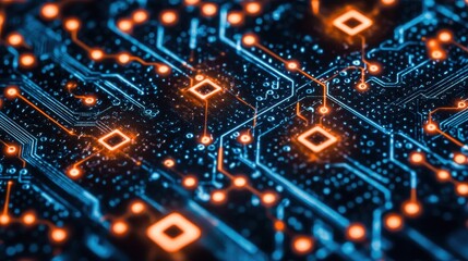Obraz premium Intricate electronic circuit board with glowing pathways and components