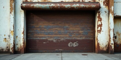 Rusty Metal Roll-Up Door on Weathered Facade of an Industrial Building