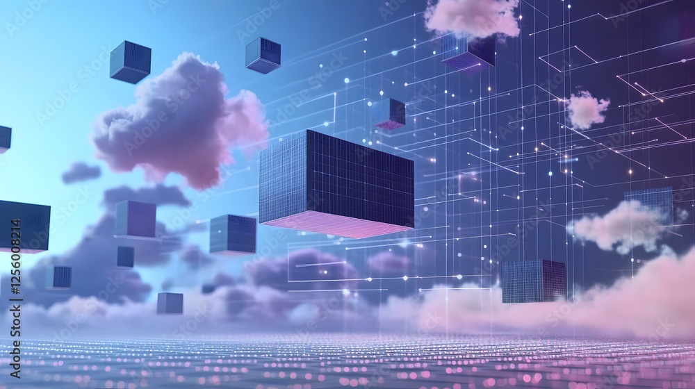 Poster digital cubes and pink clouds float in a network