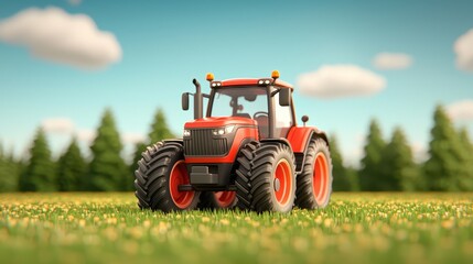 Fototapeta premium A bright red tractor stands prominently in a lush green field, under a clear blue sky with scattered clouds, symbolizing agriculture and rural life.