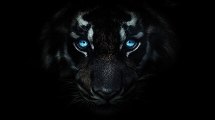 Night tiger portrait, glowing eyes, dark background, wildlife poster