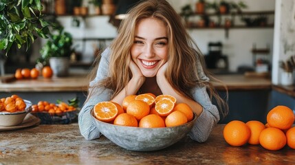 Radiant smile of a young woman with bowl of oranges in rustic kitchen
