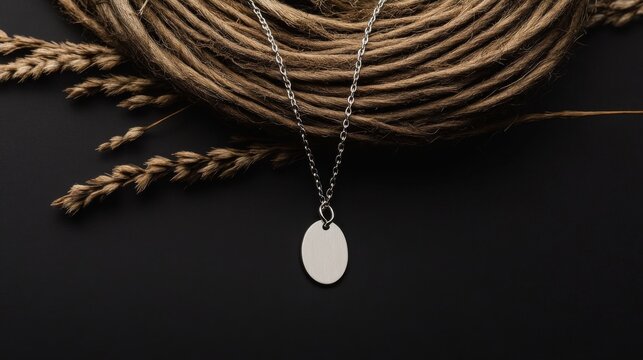 Oval pendant necklace mockup on jute rope, wheat. Lifestyle product photography