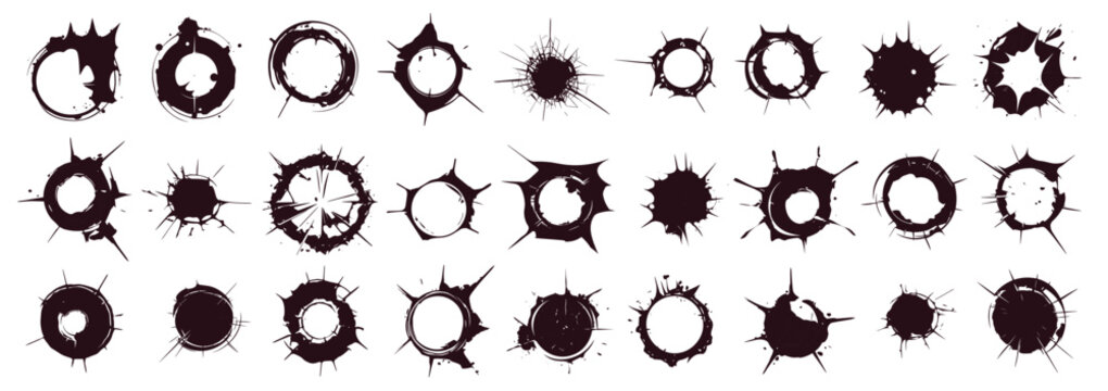 Bullet holes silhouettes. Damage from gunshot, violence destruction gun weapon shot element set vector illustration