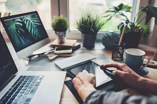 Enhance Productivity: Mastering Digital Tools for Efficient Workflow at Your Home Office, Featuring Tips for a Productive Workspace with Plants and Natural Light.