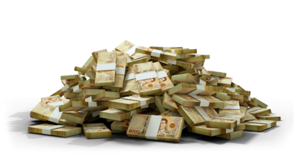 Big pile of Thai baht notes a lot of money over transparent background. 3d rendering of bundles of cash	