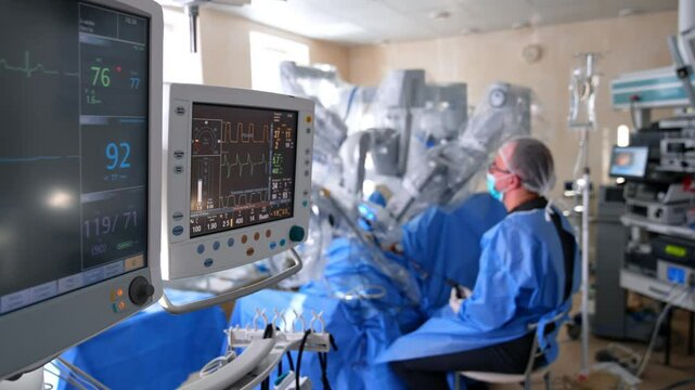 Monitors of artificial lung ventilating machine with life signs of the patient operated by robotic surgeon. Doctor holding a tool device sits at Da Vinci equipment looking at screen.