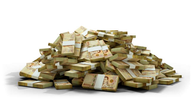 Big pile of Thai baht notes a lot of money over transparent background. 3d rendering of bundles of cash	