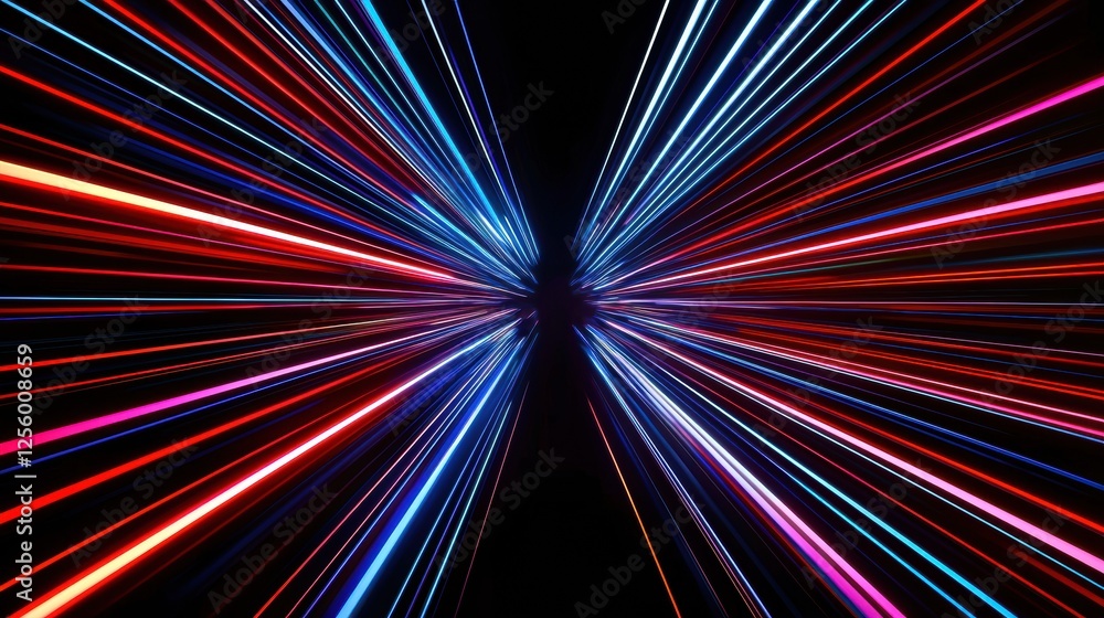 Poster dynamic colorful light streaks radiate from the center against a black background, creating an abstr