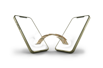 Transferring Thai Bhat notes from one phone to another.  mobile money transaction concept. money coming out of mobile phone isolated over transparent background