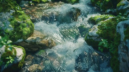 Mountain stream flowing over smooth rocks, with vibrant moss covering the stones and the sound of the water creating a calming atmosphere. 