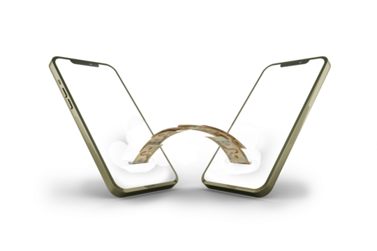 Transferring Thai Bhat notes from one phone to another. mobile money transaction concept. money coming out of mobile phone isolated over transparent background