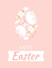 Cute Happy Easter card with flowers inside egg shape. Folk style Easter egg with spring flowers. Hand drawn vector illustration. Perfect for greeting card, vertical banner, flyer, invitation and so on