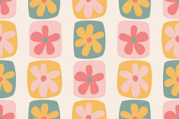 Cute hand-drawn flowers, seamless patterns with floral for fabric, textiles, clothing, wrapping paper, covers, banners, home decor, and abstract backgrounds, vector illustrations.