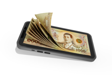 3D rendering of Thai Baht note coming out and entering mobile phone isolated on transparent background