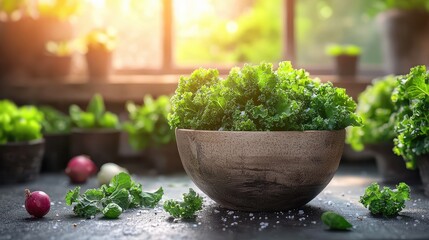 Freshly harvested kale in a wooden bowl, bathed in gentle sunlight