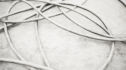 Silver cables coiled on dusty ground, construction site background