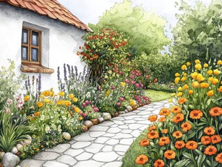 Obraz premium Charming Garden Pathway Leading to Quaint Cottage Surrounded by Vibrant Flowers and Lush Greenery in Illustration