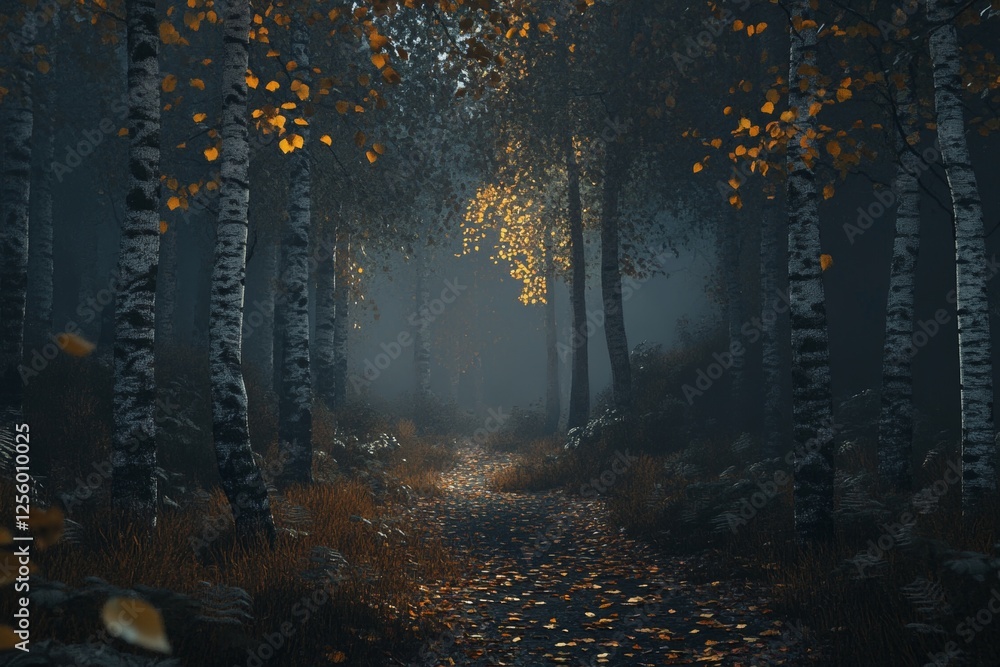 Poster hyper realistic autumn forest scene with winding path and softly illuminated misty opening