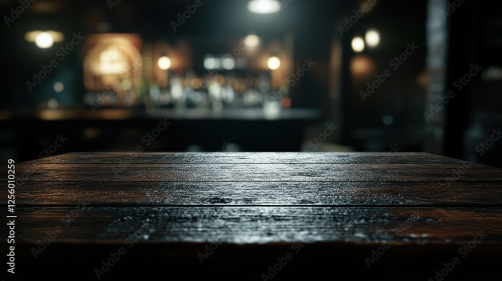 Poster dark wooden table in focus with a blurred background of a cozy bar interior, perfect for product dis