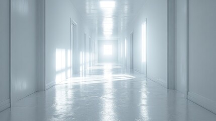 Fototapeta premium Empty sunlit white hospital corridor