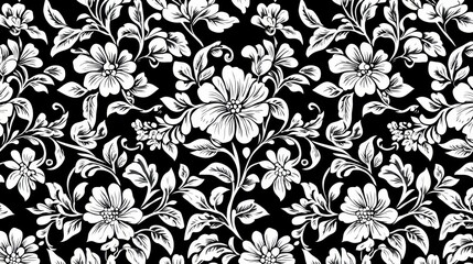 Elegant floral pattern in monochrome with stylized blooms and foliage